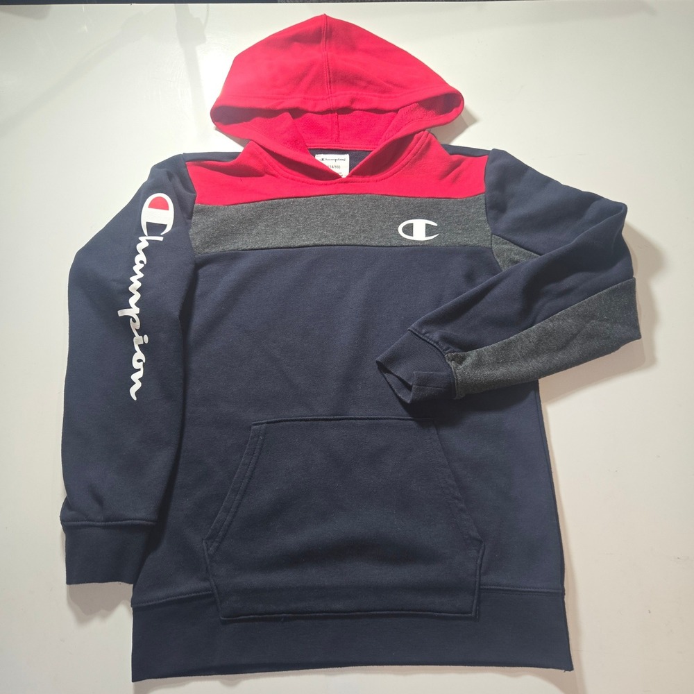 Champion Boys Colorblock Hoodie Navy Blue Red Grey Logo Sweatshirt Size L 14/16